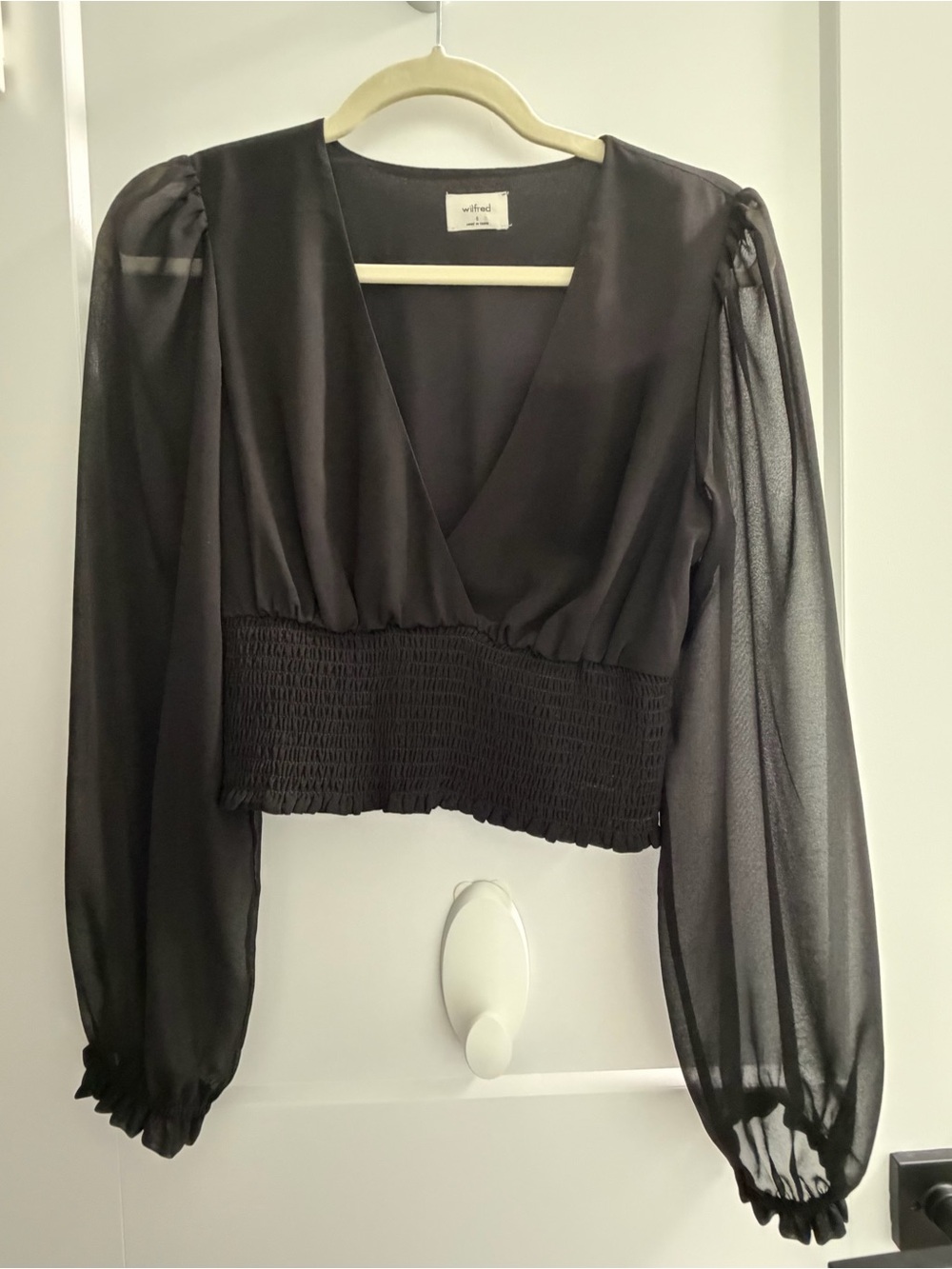 Wilfred Black Sheer Long Sleeve Smocked-Waist Blouse